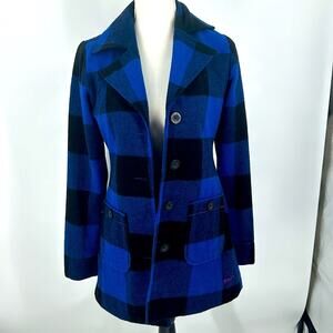 Women’s Billabong Coat Wool Blend Blue Buffalo Check Plaid Buttoned Jacket Small